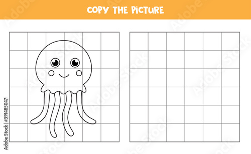Copy the picture. Cute cartoon jelly fish. Logical game for kids.