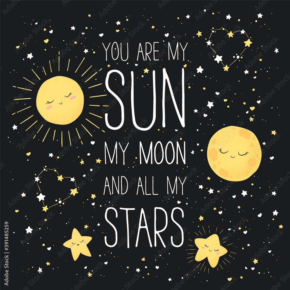 Vector illustration with cute hand drawn cartoon moon, sun, stars and ...
