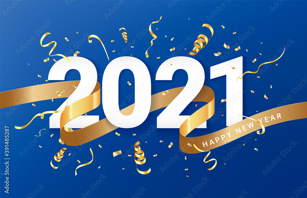 Happy new 2021 year. Winter holiday greeting card design template with golden confetti and tape, ribbon. New Year holiday posters. Happy New Year dark festive background. Vector illustration. Happy new 2021 year. Winter holiday greeting card design template with golden confetti and tape, ribbon. New Year holiday posters. Happy New Year dark festive background. Vector illustration.