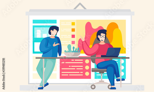Men communicate and discuss during the break in studio. Guy sits with laptop and working on computer. Office staff working day. Young people spend time together in the studio. Relaxation with friends