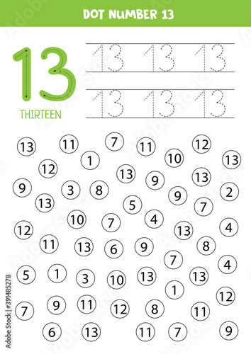 Find and dot number 13. Math game for kids.