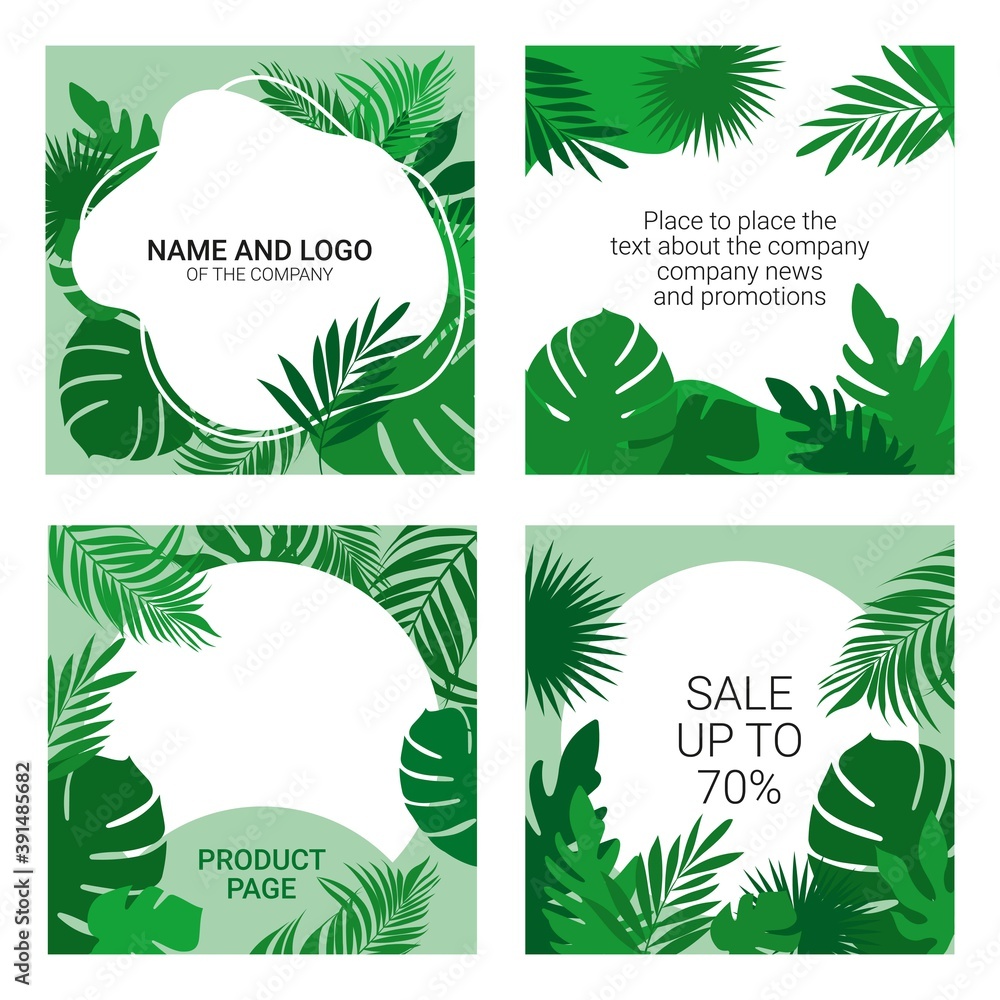 Advertising banners for social networks and websites, background for promoting cosmetic products, placing photos and text, beautiful tropical leaves in vector