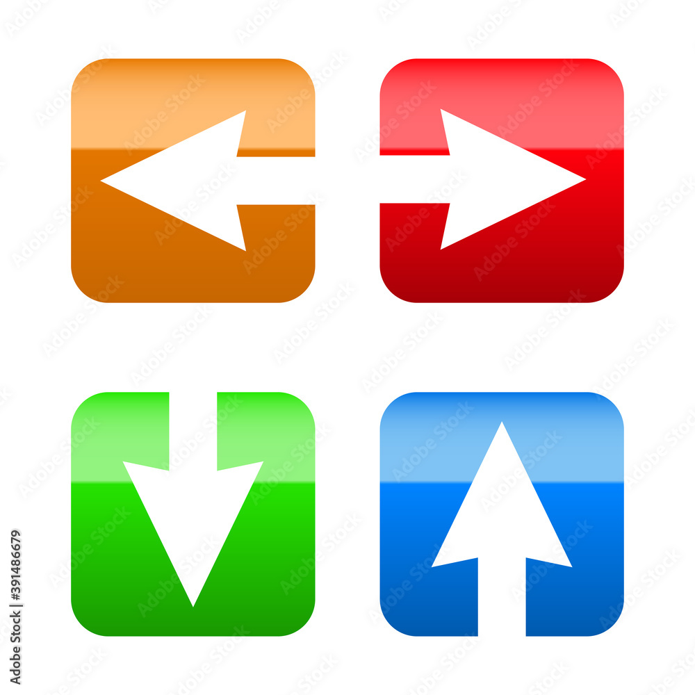 Arrow to the Left, Right, Down and Up Silhouette Four Color App Icon Design. Arrowhead in Square Indicating Different Directions. Motion Indicator Interface Website Buttons Arrow to the Left, Right, Down and Up Silhouette Four Color App Icon Design. Arrowhead in Square Indicating Different Directions. Motion Indicator Interface Website Buttons
