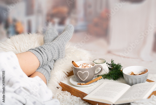 cocoa, hot chocolate, book, cosy in the wintertime photo