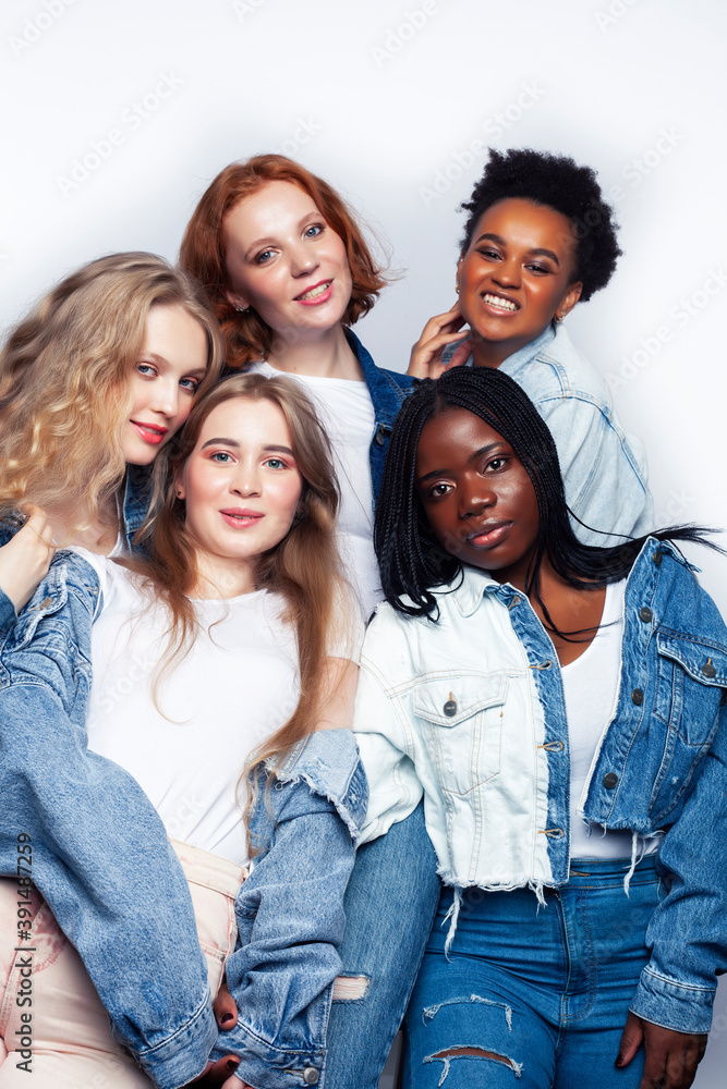 diverse multi nation girls group, teenage friends company cheerful having fun, happy smiling, cute posing isolated on white background, lifestyle people concept, african-american and caucasian diverse multi nation girls group, teenage friends company cheerful having fun, happy smiling, cute posing isolated on white background, lifestyle people concept, african-american and caucasian