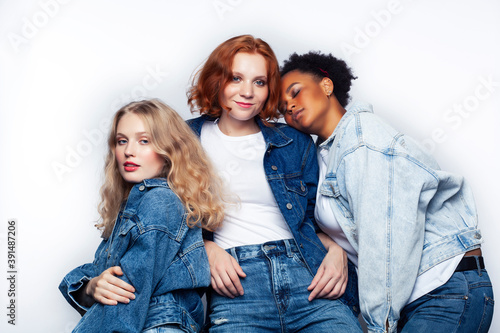 diverse multi nation girls group, teenage friends company cheerful having fun, happy smiling, cute posing isolated on white background, lifestyle people concept, african-american and caucasian