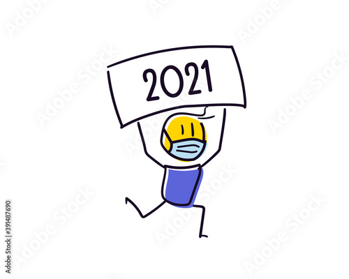 Cute little character with face mask because of the coronavirus pandemic announcing the new year approaching. Holding a 2021 board above his head. Vector doodle illustration