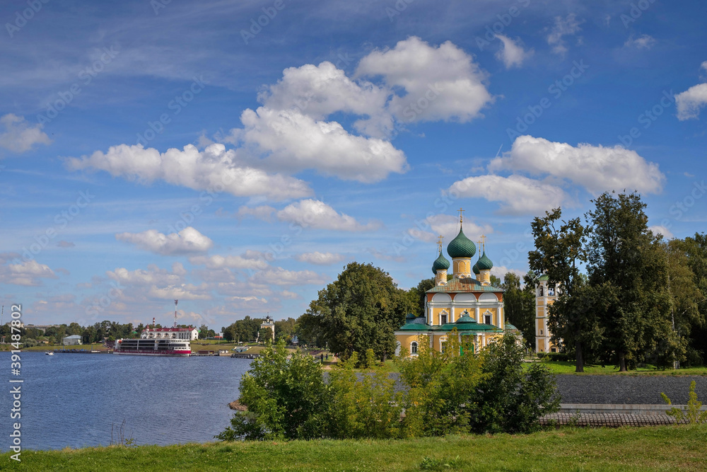 Uglich. Yaroslavl region. Cruise ships at the pier. Golden ring of Russia.
