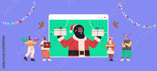 people discussing with santa claus in web browser window happy new year merry christmas holidays celebration self isolation online communication concept horizontal vector illustration