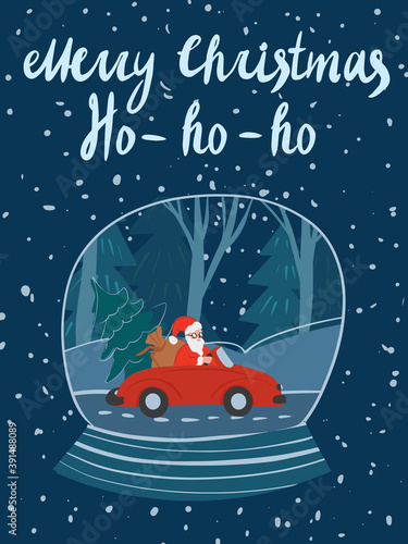 Greeting card Vector image  of Merry Christmas snow globe with New Year snow flakes. Santa riding in car on a road with spruce tree and presents behind it on snowy forest and night sky in winter.