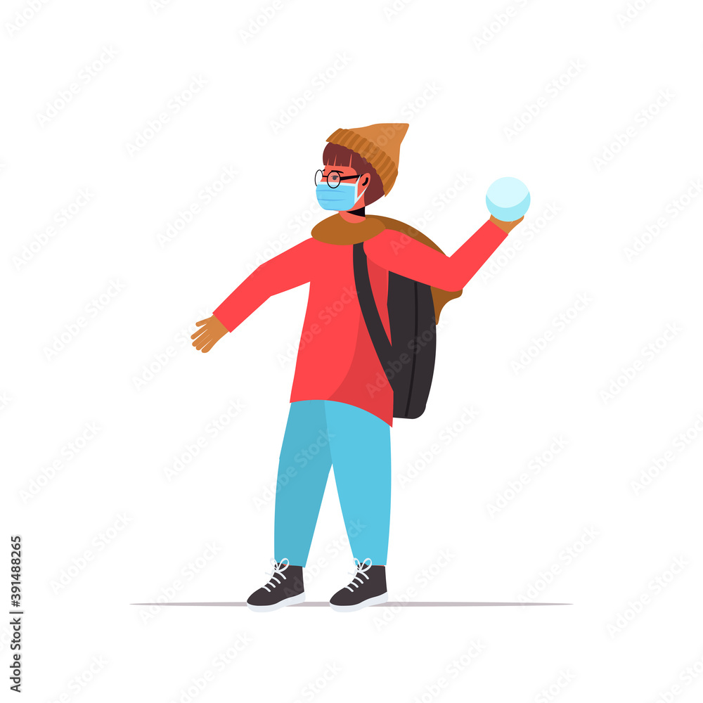 child in mask throwing snowball little boy having winter fun outdoors leisure and activities coronavirus quarantine concept full length vector illustration child in mask throwing snowball little boy having winter fun outdoors leisure and activities coronavirus quarantine concept full length vector illustration