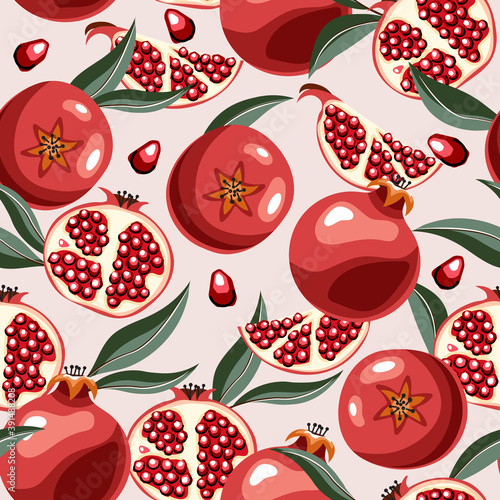 Vector seamless pattern of pomegranate. Red juicy fruit on a light background with leaves. Design for printing, Wallpaper, fabric, textiles, banner. Cartoon style.
