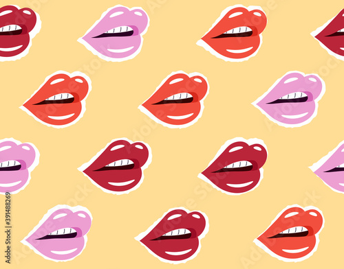 Vector seamless pattern with female lips. Illustration of pink, red, scarlet lips on a yellow background.
