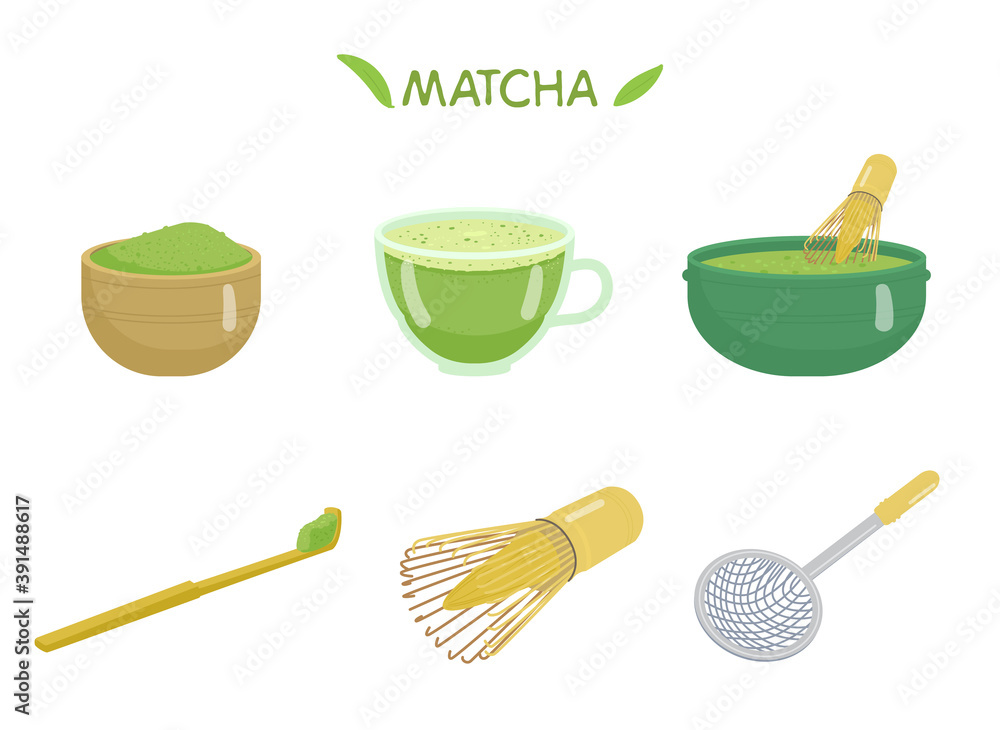 Tea Matcha Vector Set. Cup With Matcha, Tea Powder, Bamboo Spoon, Whisk, Ceramic Bowl, Sieve. Japanese Traditional Beverage. Tea Matcha Vector Set. Cup With Matcha, Tea Powder, Bamboo Spoon, Whisk, Ceramic Bowl, Sieve. Japanese Traditional Beverage.