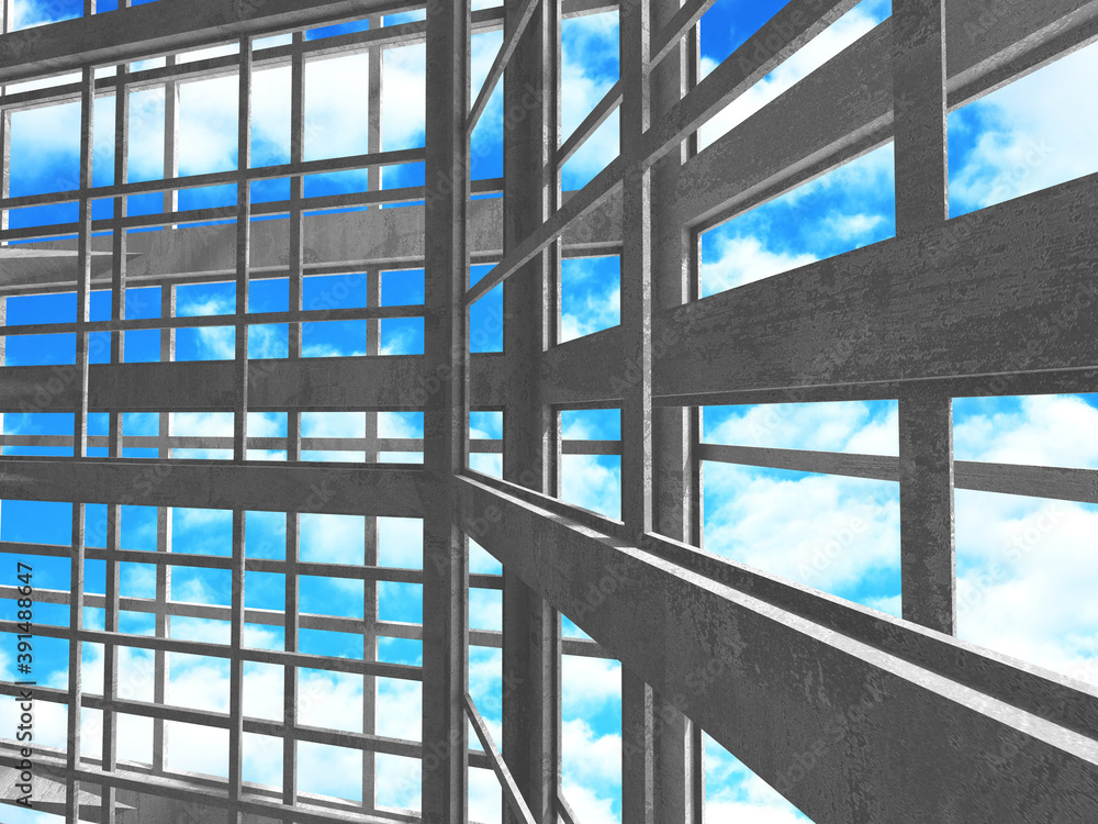 Concrete room wall construction on cloudy sky background Concrete room wall construction on cloudy sky background