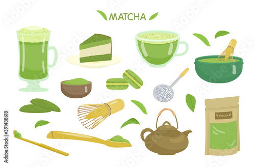 Matcha Tea And Desserts Vector Set. Glass Cup With Matcha, Tea Powder, Bamboo Spoon, Whisk, Ceramic Bowl, Sieve, Tea Pot, Cookies, Cake, Macarons.