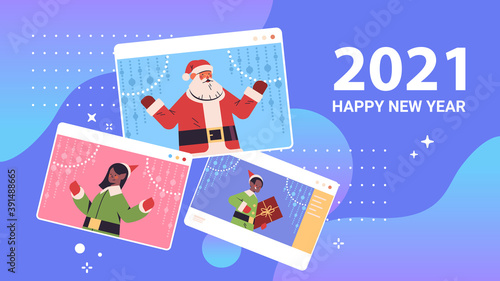 santa claus with elves in web browser windows happy new year merry christmas holidays celebration concept self isolation online communication portrait horizontal vector illustration