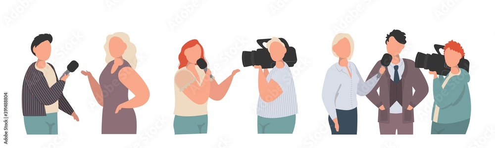 Collection of journalists, talk show hosts interviewing people, news presenters and cameramen or videographers with cameras isolated on white background. Vector illustration in flat style. Collection of journalists, talk show hosts interviewing people, news presenters and cameramen or videographers with cameras isolated on white background. Vector illustration in flat style.