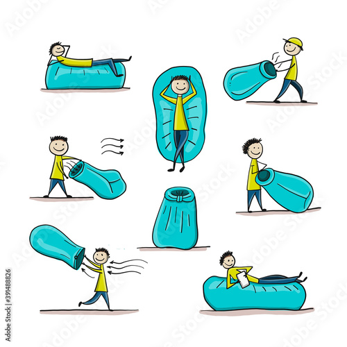 Lamzac. Outdoor inflatable bed. Air Sofa. Manual. Cheerful boy fills sofa with air photo