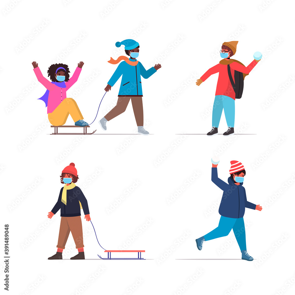 set mix race children having winter fun outdoors leisure and activities coronavirus quarantine concept full length vector illustration