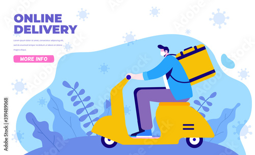 Fast food delivery by scooter on mobile phone. Coronavirus pandemic. Order package in E-commerce by app. Flat Vector illustration