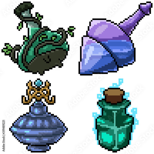 pixel art set isolated potion bottle