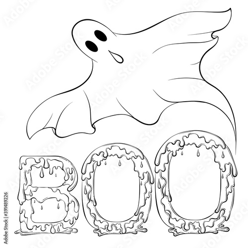 Lettering dripping word Boo with a ghost. Vector illustration isolated on white background. Design for coloring book page in hand drawn style. Words for print, banners, posters, books.