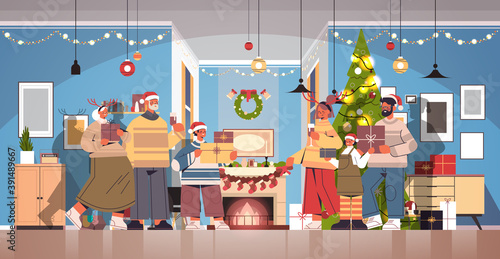 multi generation family in santa hats holding gifts new year christmas holidays celebration concept living room interior horizontal full length vector illustration