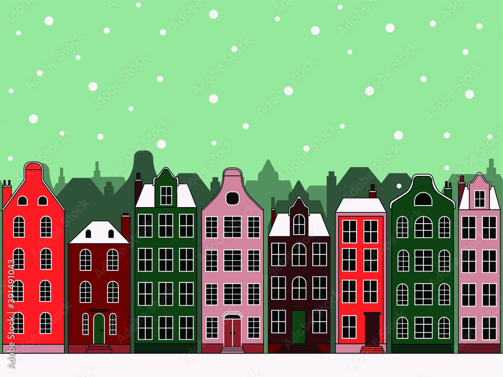 Vector image of a snow-covered city. Seamless image. Winter atmosphere of the city. Flat illustration.