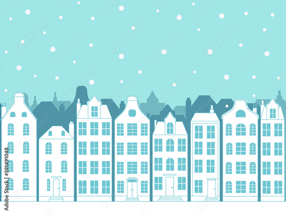 Vector image of a snow-covered city in monochrome. Seamless image. Winter atmosphere of the city. Flat illustration.