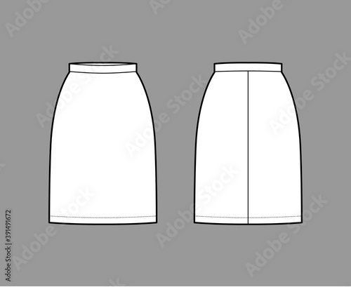 Skirt sheath technical fashion illustration with straight knee silhouette, pencil fullness, thin waistband. Flat bottom template front, back, white color style. Women, men, unisex CAD mockup