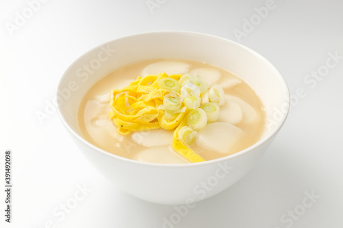 Rice cake soup on a white background