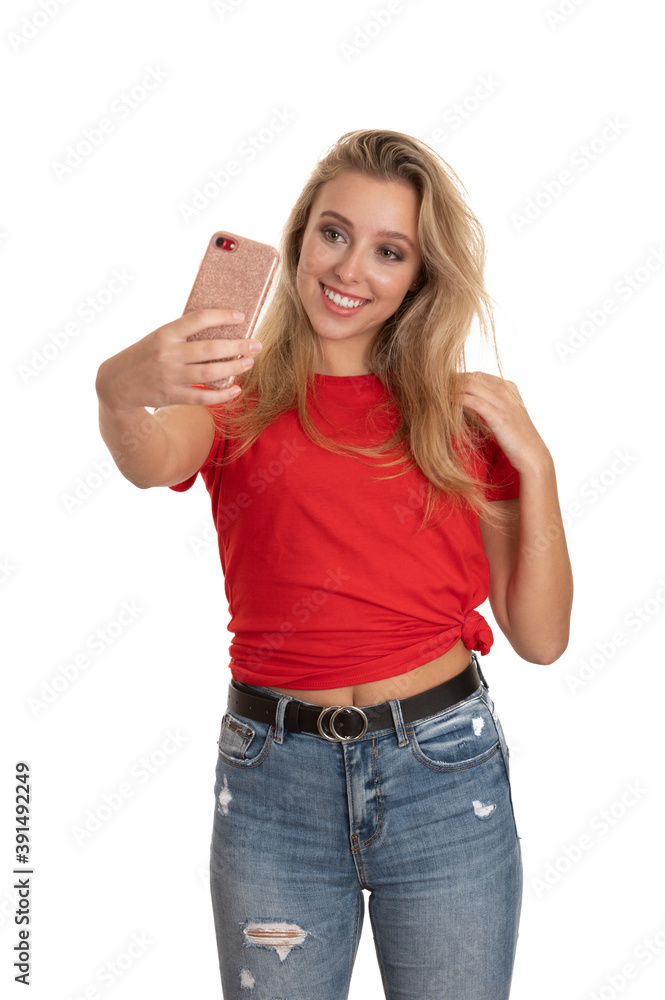 Portrait of a cute teenage girl in red tshirt over white Portrait of a cute teenage girl in red tshirt over white
