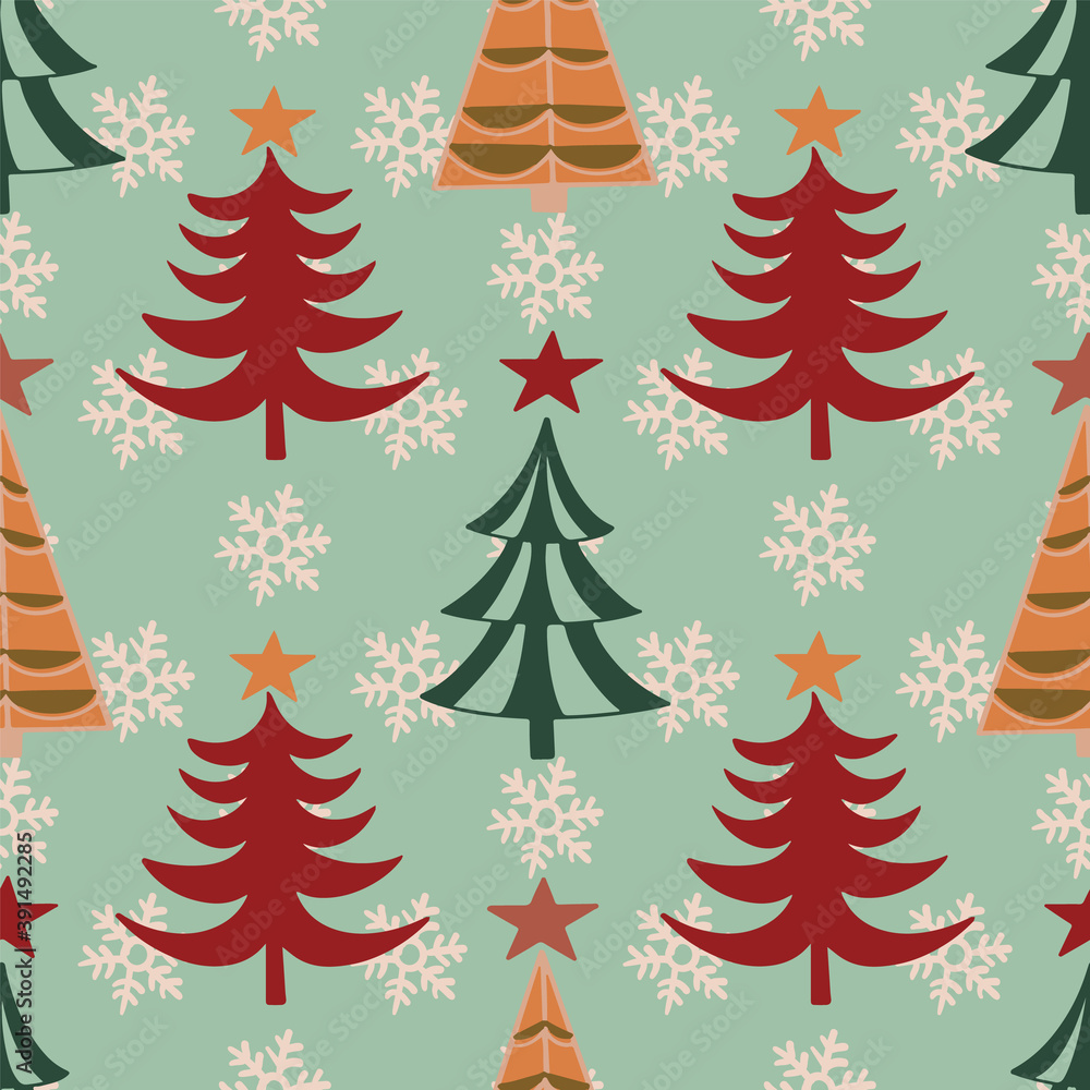 Fototapeta premium Vector winter Christmas trees and snowflakes seamless pattern background.