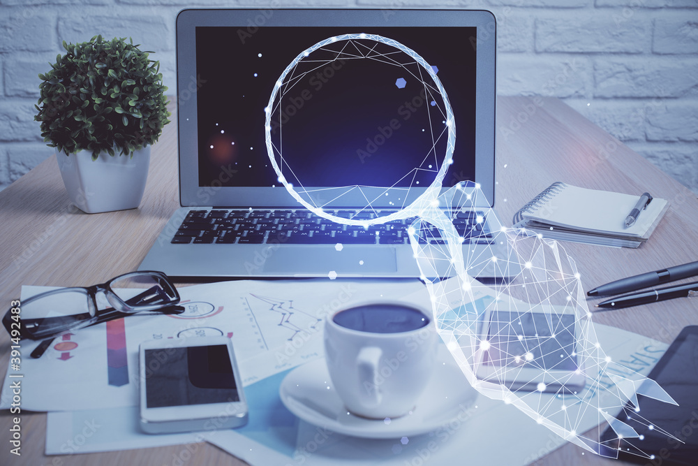 Desktop computer background in office and start up theme hologram drawing. Double exposure. Startup concept. Desktop computer background in office and start up theme hologram drawing. Double exposure. Startup concept.