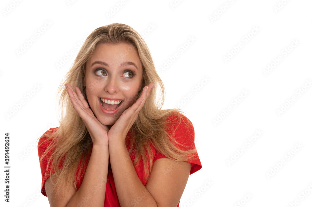 Excited young woma screams isolated over whitew background Excited young woma screams isolated over whitew background
