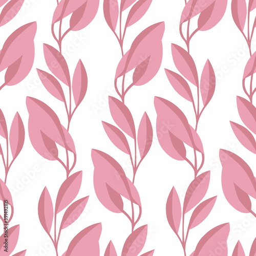 Pink stems of willow with leaves. Seamless pattern with leaves in a line. Isolated on white background. Idea for packaging, textiles, children's art, decoration.