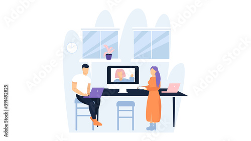A man and a woman call the employee by video link and work in the office. Vector illustration