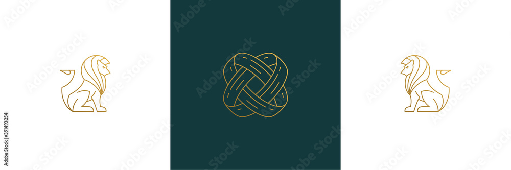 Vector line feminine decoration design elements set - lions and rings illustrations minimal linear style Vector line feminine decoration design elements set - lions and rings illustrations minimal linear style