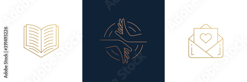 Vector line feminine decoration design elements set - book and female gesture hands illustrations minimal linear style
