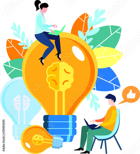 Modern bright flat design. Team work, search for ideas, brainstorming, large bulb is a great idea.