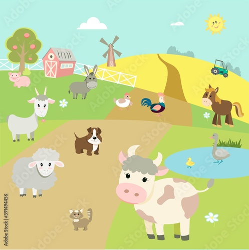  farm animals on the background of the landscape - cow, horse, sheep, donkey, pig, goat, dog, cat, goose, rooster, chicken. Vector image of nature, tractor, barn, mill and fruit trees © Екатерина Великая