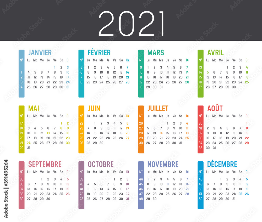 Vecteur Stock Calendrier Agenda 2021 couleur, avec numéros de semaine |  Adobe Stock