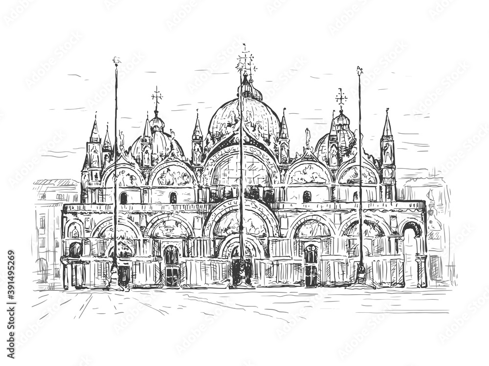 Basilica di San Marco in Venice, Italy. Landmark of Venice. Sketch vector illustration. Black line isolated on white. Vintage design