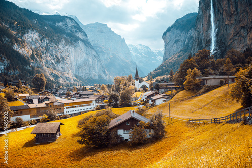 Exotic view of alpine valley of Lauterbrunnen. Location place Swiss alp, Europe.