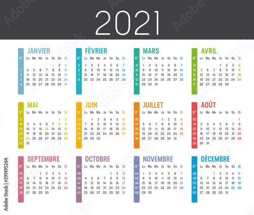 Calendrier Agenda 2021 couleur, avec numéros de semaine