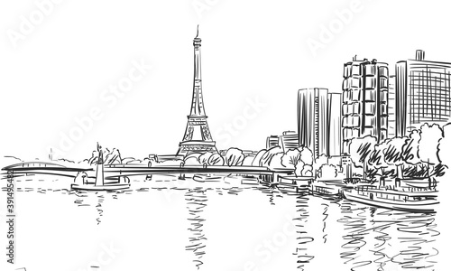 Stampa su tela Eiffel Tower and river Seine cityscape vector sketch, landmark of Paris, Hand dr