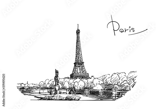 Fototapeta Naklejka Na Ścianę i Meble -  Eiffel Tower vector sketch, Hand drawn illustration black ink, landmark of Paris, France