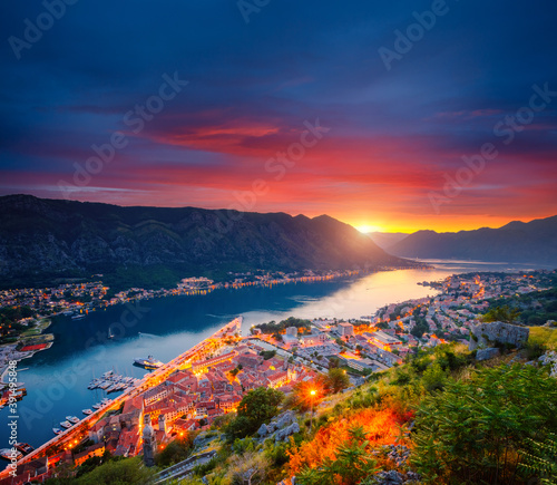 Majestic view of of Kotor bay (Boka Kotorska). Location place Kotor city, Montenegro, Europe.