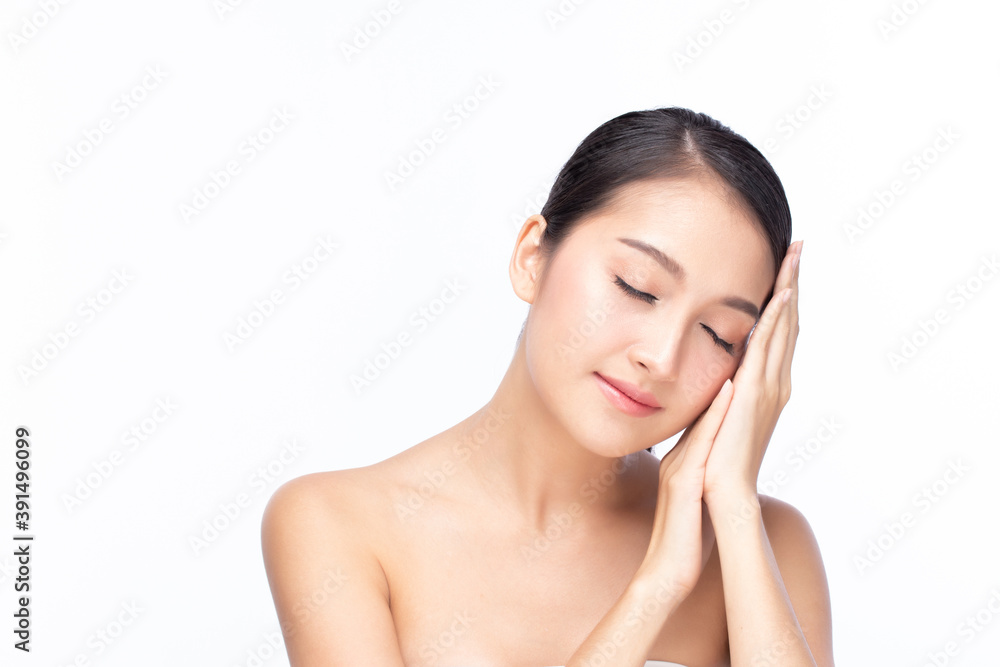 Beautiful spa model girl with perfect fresh clean skin. Beauty woman face portrait isolated on white background.